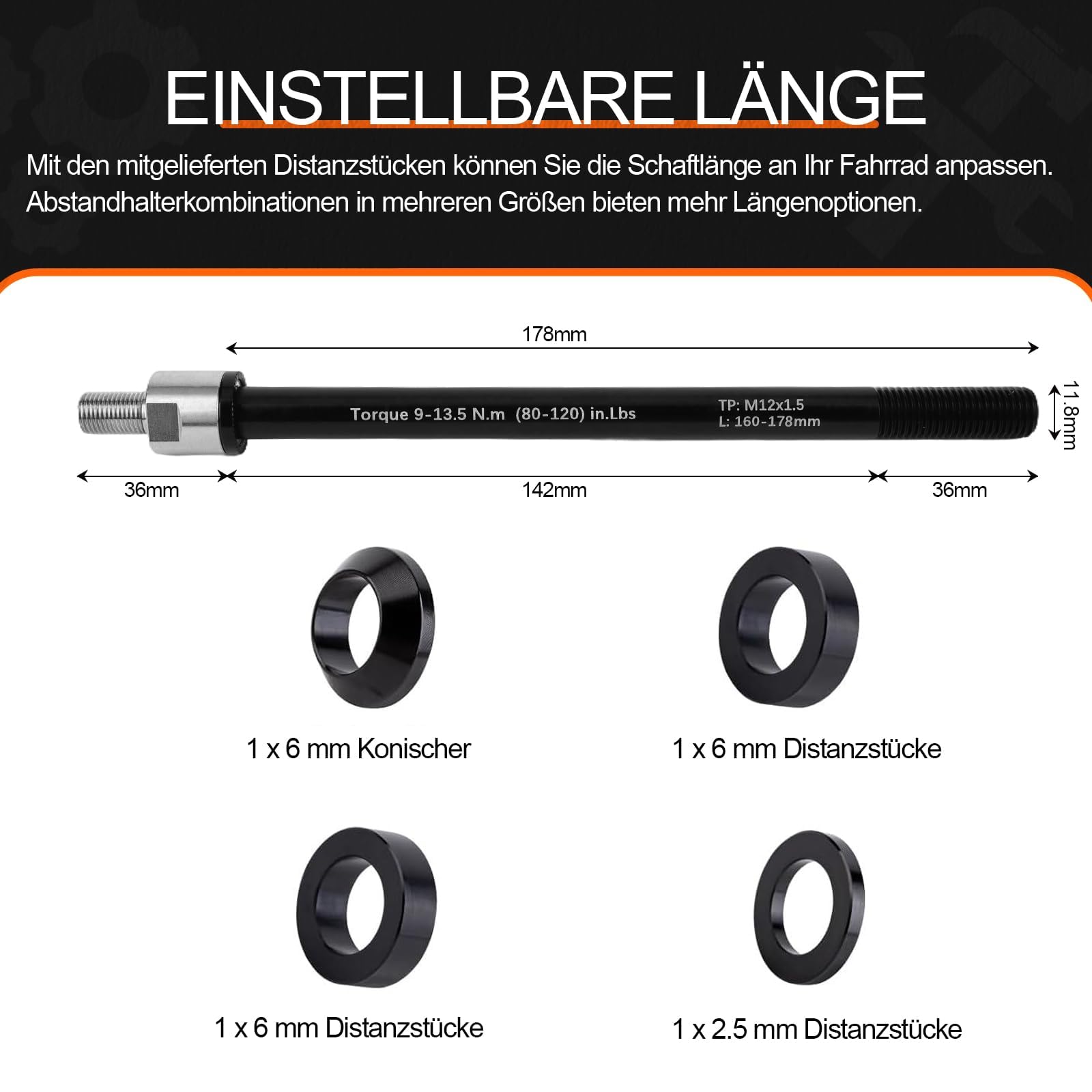 Steckachse Fahrradanhänger, M12 160-178 mm Steckachse, Fahrradanhänger Kupplung, Steckachse kompatibel mit den meisten Fahrradanhänger kupplungen