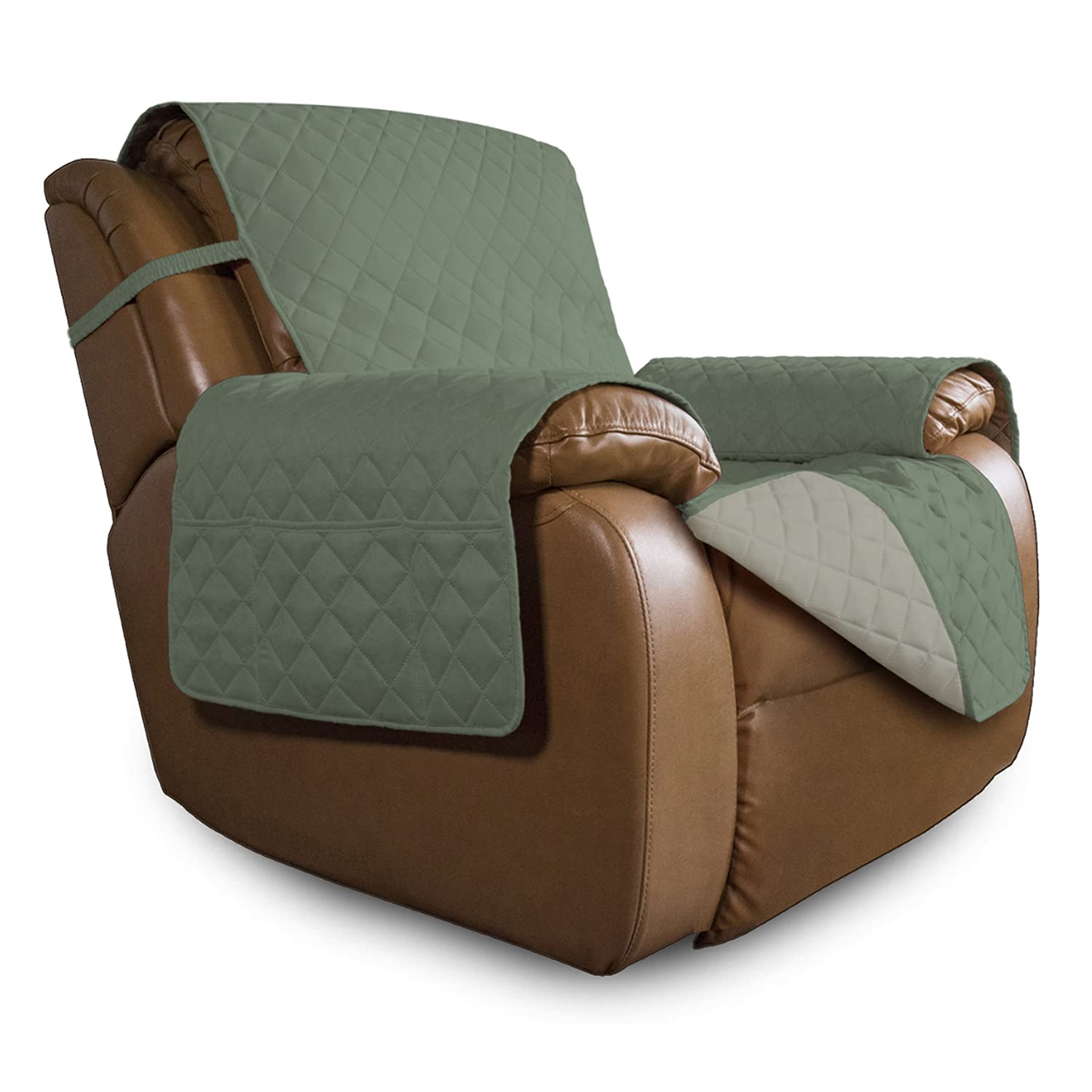 Easy-Going Oversized Recliner Cover Reversible Couch Cover Sofa Cover for Living Room Water Resistant Furniture Protector with Elastic Straps for Pets Kids (Oversized Recliner, Greyish Green/Beige)