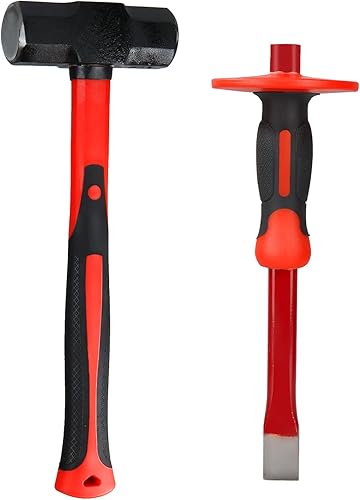 Acrux7 Martillo de trineo de 3 libras y cincel de mampostería con protector de mano, martillo octogonal resistente y cincel plano con mango