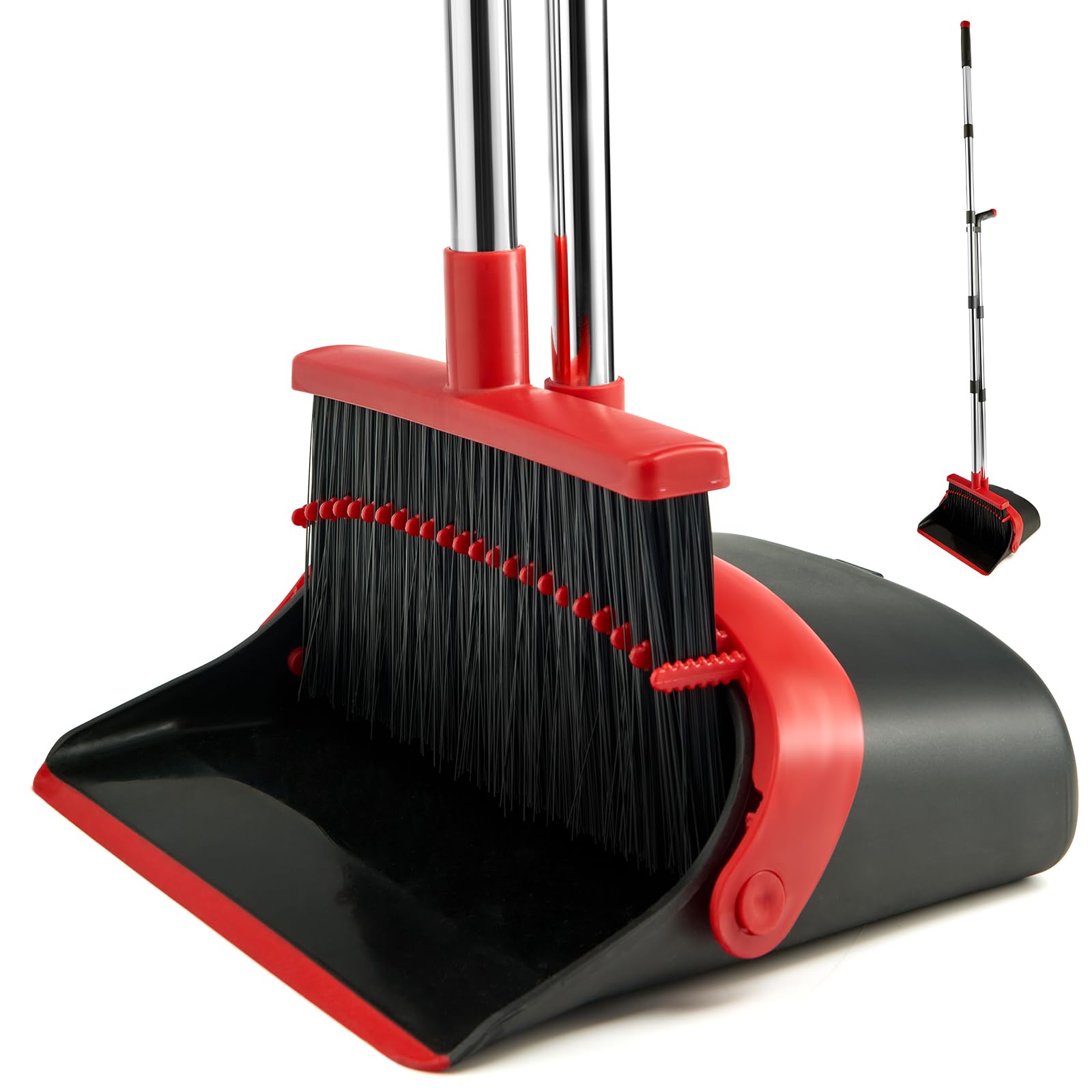 XXFLOWER Broom and Dustpan Set for Home, Broom with Dustpan Cleaning Teeth Combo Set, Indoor Sweep Broom with Long Handle for Office Home Kitchen Lobby Floor (Black Red)