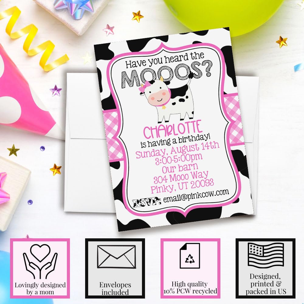 Pink Cow Birthday Invites Custom Birthday Invitations 20 5x7 Custom Pink Cow Birthday Invitation Cards With Envelopes - Unique Pink Cow Themed Birthday Invitations for Girls
