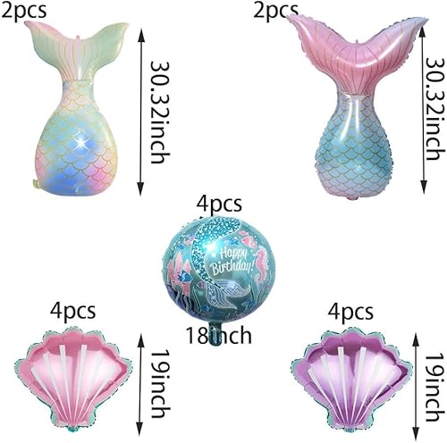 Miniatura 2 de 16 piezas de decoraciones de cumpleaños de sirena, globos de cola de sirena, globos de conchas de mar, globos de papel de aluminio de helio del