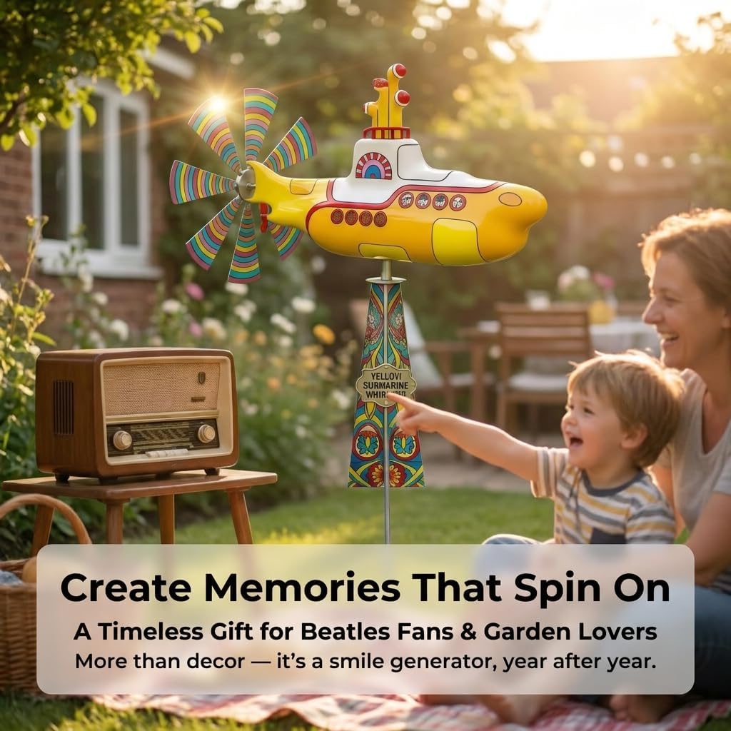 Yellow Submarine Wind Spinner, Kinetic Metal Rotating Yard Art, Outdoor Garden Decor for Patio Lawn, UV-Resistant Non-Fading Submarine Windmill Sculptures