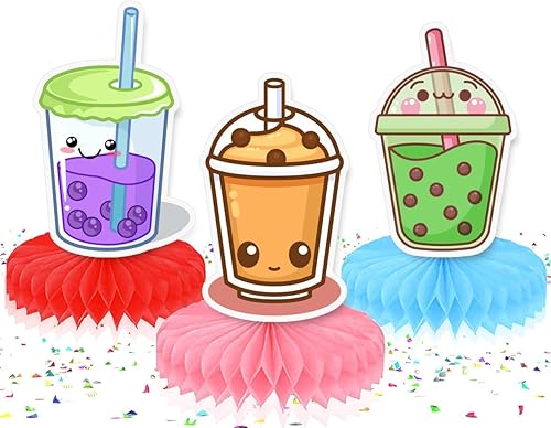 Miniatura 1 de Boba Milk Tea - Centro de mesa de panales de 5 piezas, decoraciones únicas para fiestas