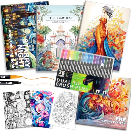 Image of Adult Coloring Books for Women Relaxation, 4Pcs Mindfulness Coloring Books for Women with 36 Colors Markers, 36 Dual Tip Colors Markers(Brush and Fine Point), Anxiety Relief Mindfulness Gift