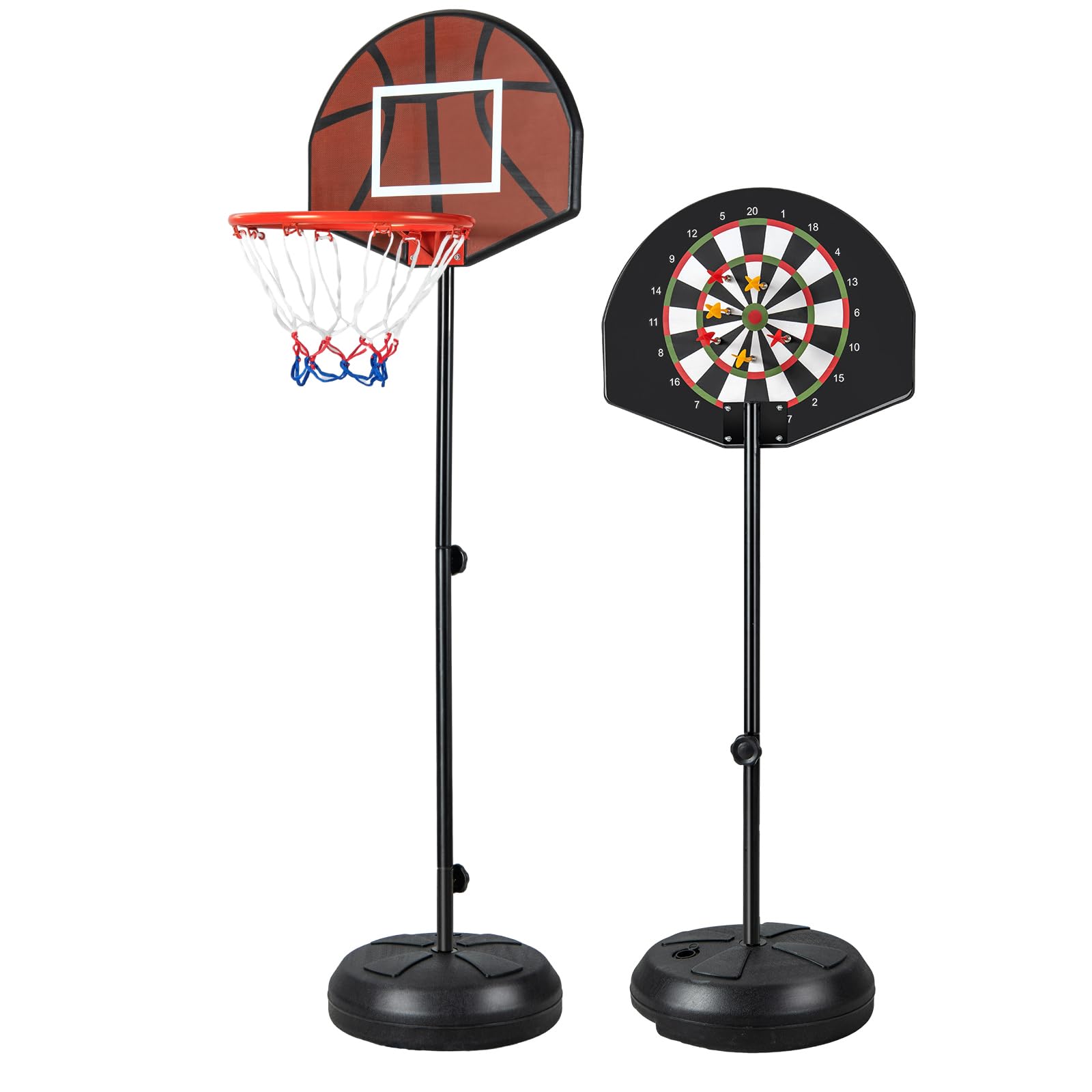 GYMAX Canestro da Basket 2 in 1 con Freccette Bersaglio e 6 Freccette, Altezza Regolabile, Base Riempibile, Supporto per Basket per Uso Interno ed Esterno, Adatto a Bambini 8+ Anni