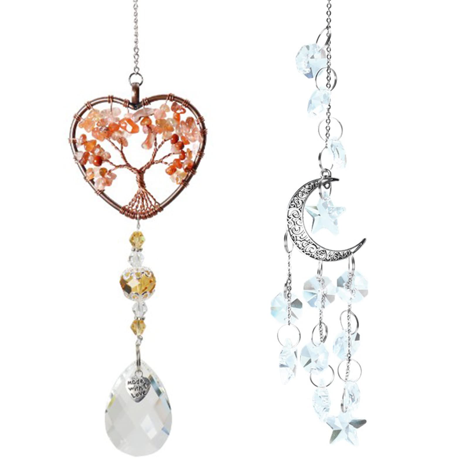 Healing Crystal Agate Crystal Crushed Stone Tree of Life Heart Shape with White Crystal Pendant Wind Chime Ornament and Silver Moon with Pentagram Pendant Wind Chime for Home Decoration — image 1