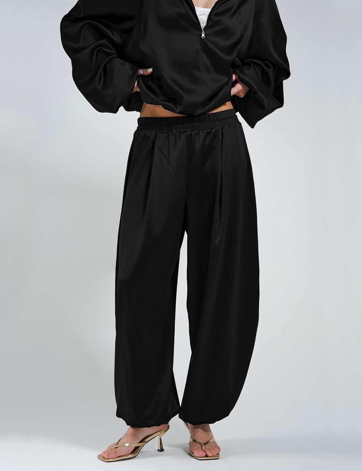 Gihuo Womens Lounge Set Silk Satin Travel Set Silky Sweatsuit Balloon Pants 2 Piece Outfit