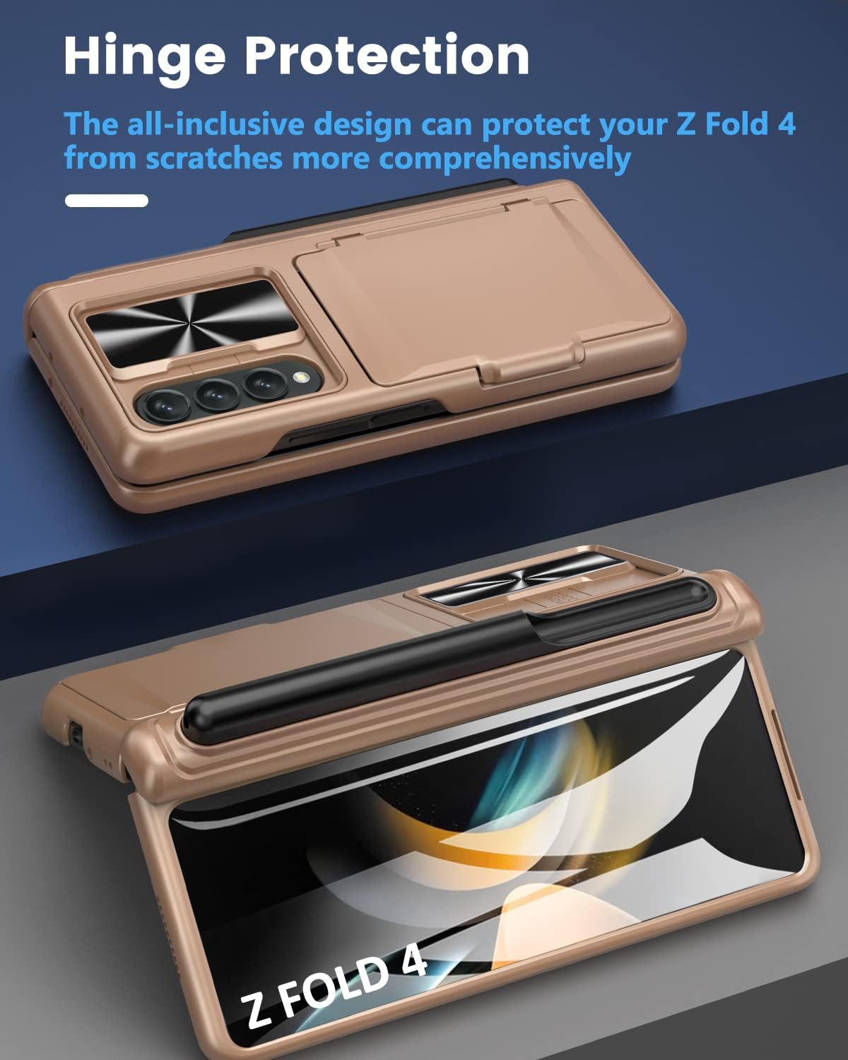 Viaotaily for Galaxy Z Fold 4 Case with Card Holder & S Pen Holder & Hinge Protection, Built-in Screen Protector & Slide Camera Lens Cover, Durable Case for Galaxy Z Fold 4 2022 (Rose Gold)