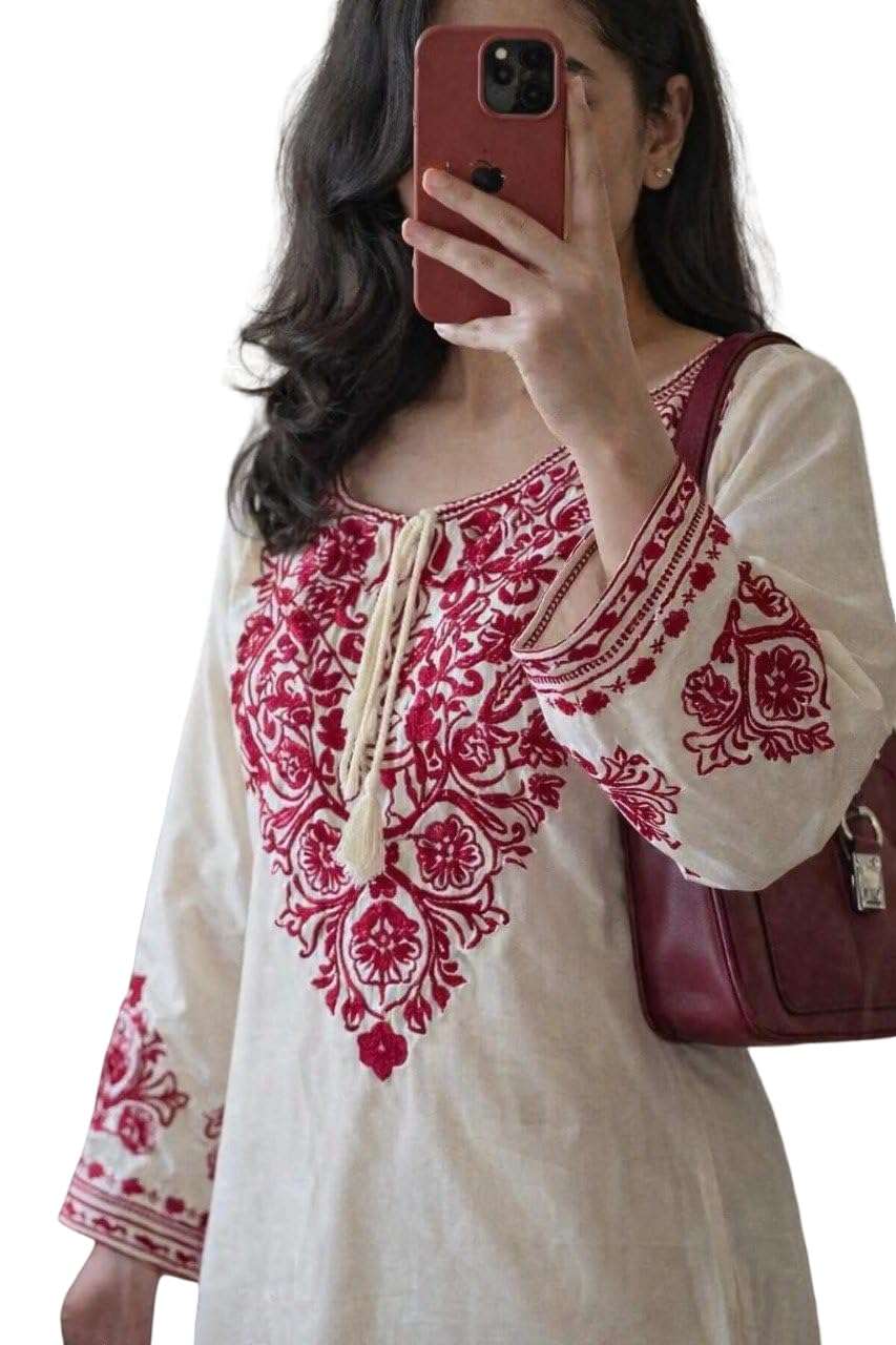 Women's White Embroidered Kurta Pant & Dupatta Set | Elegant Red Floral Embroidery Straight Kurti with Matching Pants and Chiffon Dupatta-picture-41