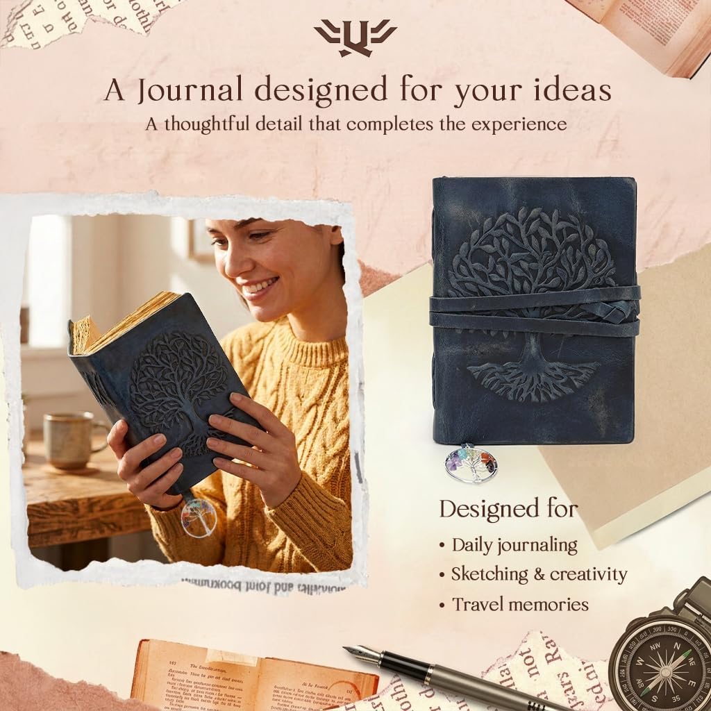 Leather Journal for Women and Men, 200 Pages - 5"x7", Gifts for Women, Travel Diary, Women's Notebook - Tree Of Life 7 Chakra Bookmark, Antique Gift for Mom, Unique Birthday Gifts, Navy