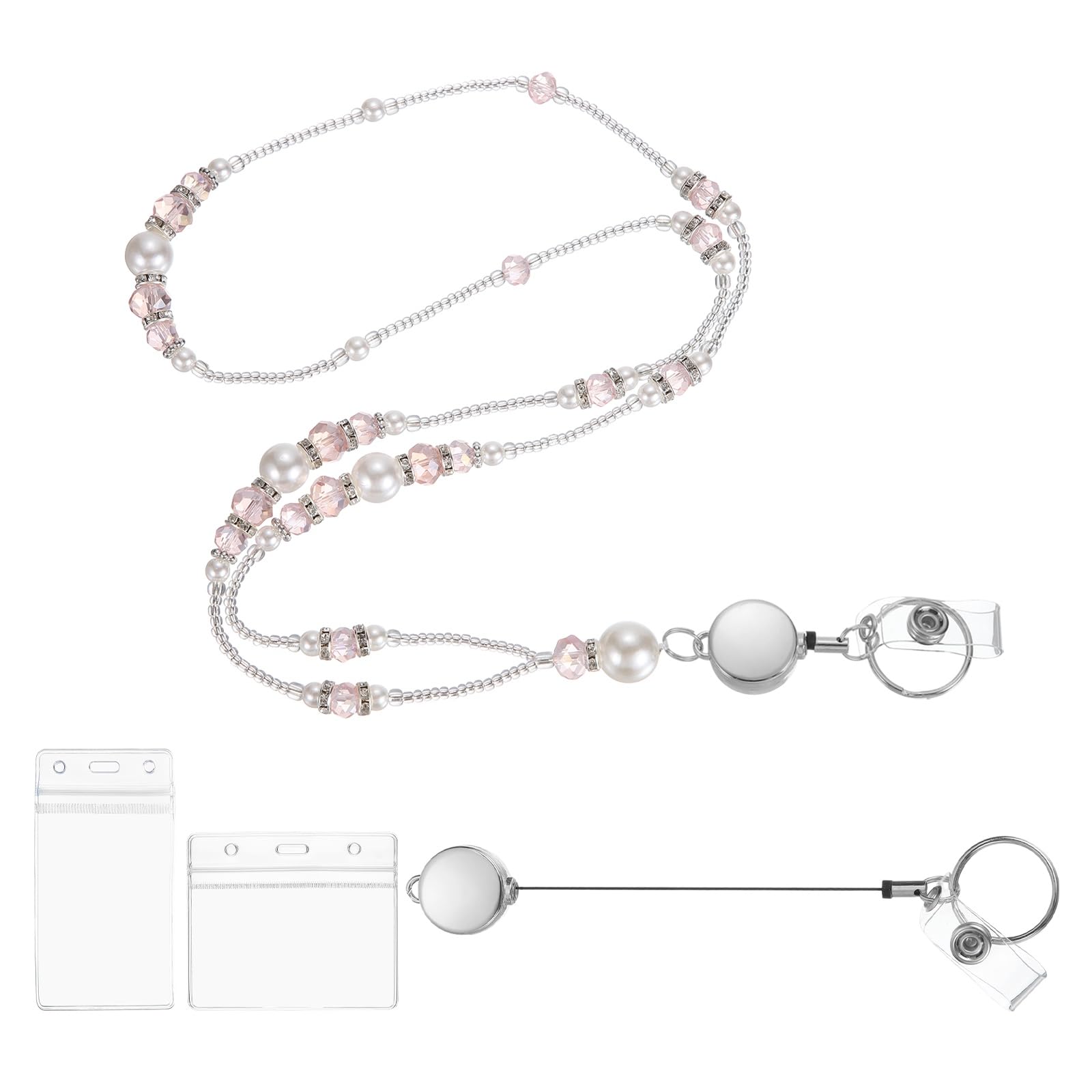 PATIKIL Beaded Lanyards for ID Badges, Cute Teacher Lanyard with Vertical & Horizontal ID Holders Retractable Breakaway Neck Strap for Women Teacher Gift Keys Chain Cards, Pink/White