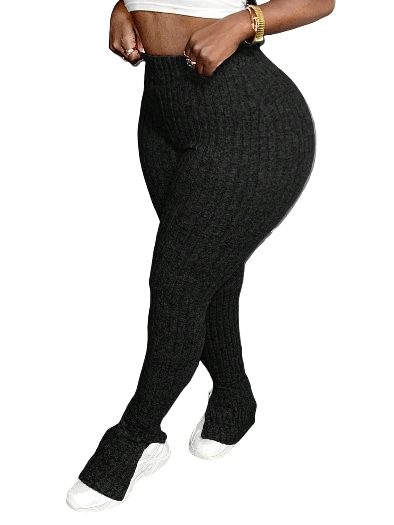 Urchics Womens Casual Pants Casual Ribbed Knit Elastic Waist Slit Hem Flare Leg Pants