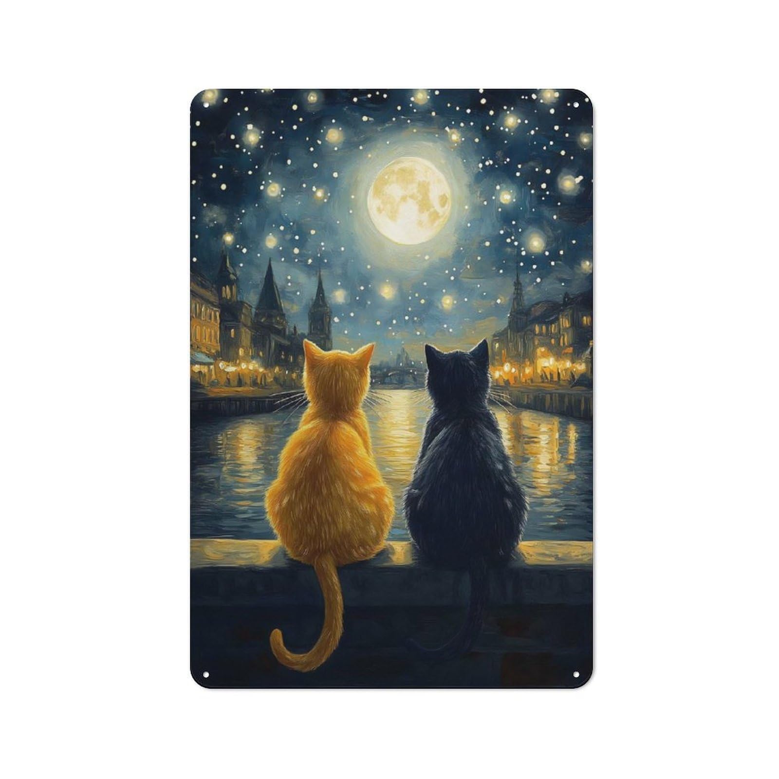 Junmoney Style-5 For Lounge Or Reading Corner, Starry Night Cats Romance Vintage Metal Sign 30X20cm, For Collectors Decorating Lounges And Reading Corners