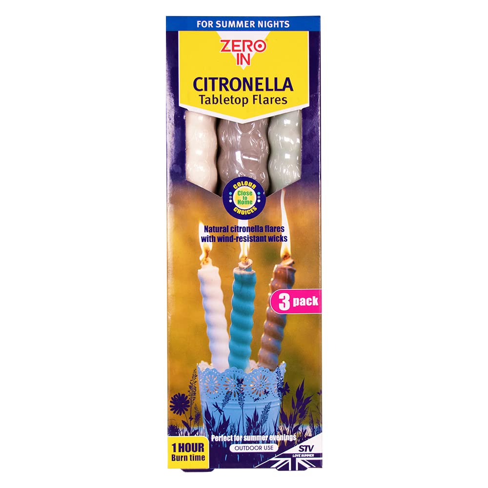 Zero InCitronella Table Top Flares - Close to Home - 3-Pack, Scented, Natural, Repels Mosquitoes, For Gardens and Patio Areas
