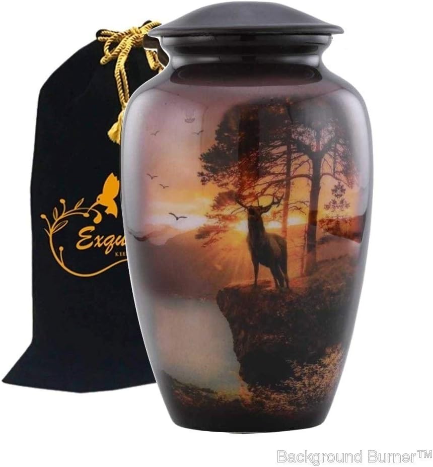Exquisiteurn's Hand Painted Cremation Urn - Adult Cremation Urn - Handcrafted Funeral Urn for Ashes - Metal Cremation Urn - Great Deal Free Bag (Deer)