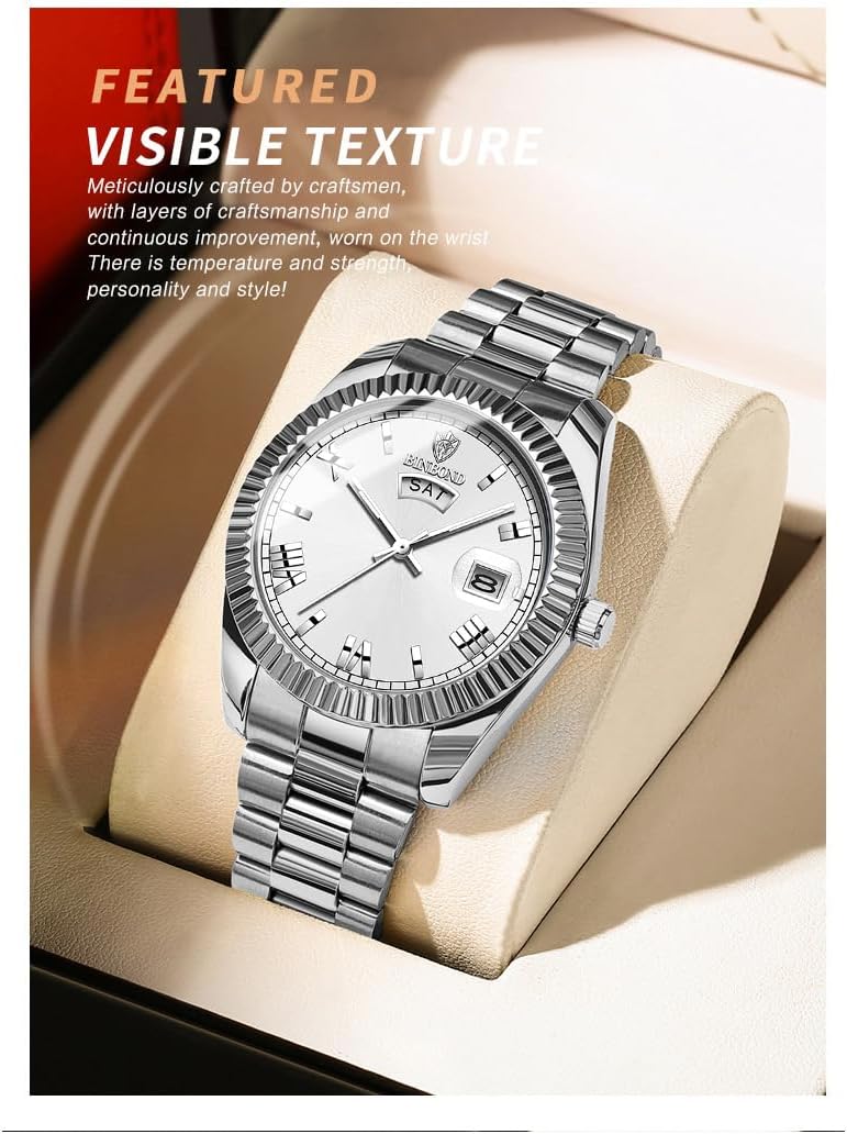 Gosasa Men's Business Quartz Watch with Day & Date - Roman Numerals Dial, Stainless Steel Band Classic Casual Waterproof Analog Men Wristwatch with Adjustable Tool - Image 4