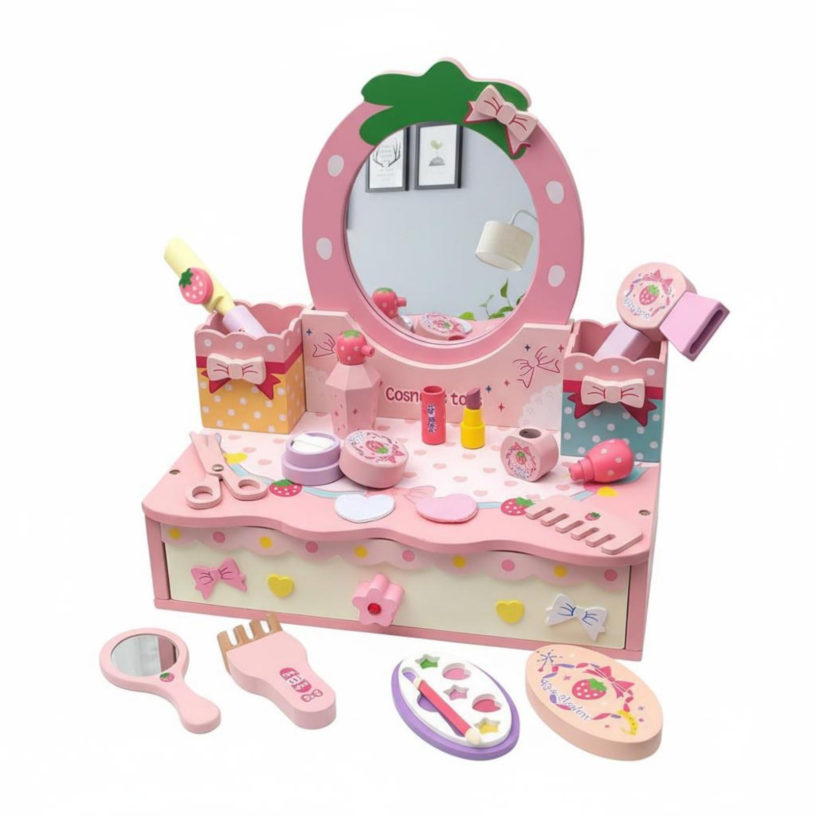 Toeletta Trucco Bambini Tavolo Trucco Bambini Vanity Gioco Specchio Finto in Legno con Set Accessori per Creatività E Interazione Sociale Adatta per, Tavolo Da Toeletta
