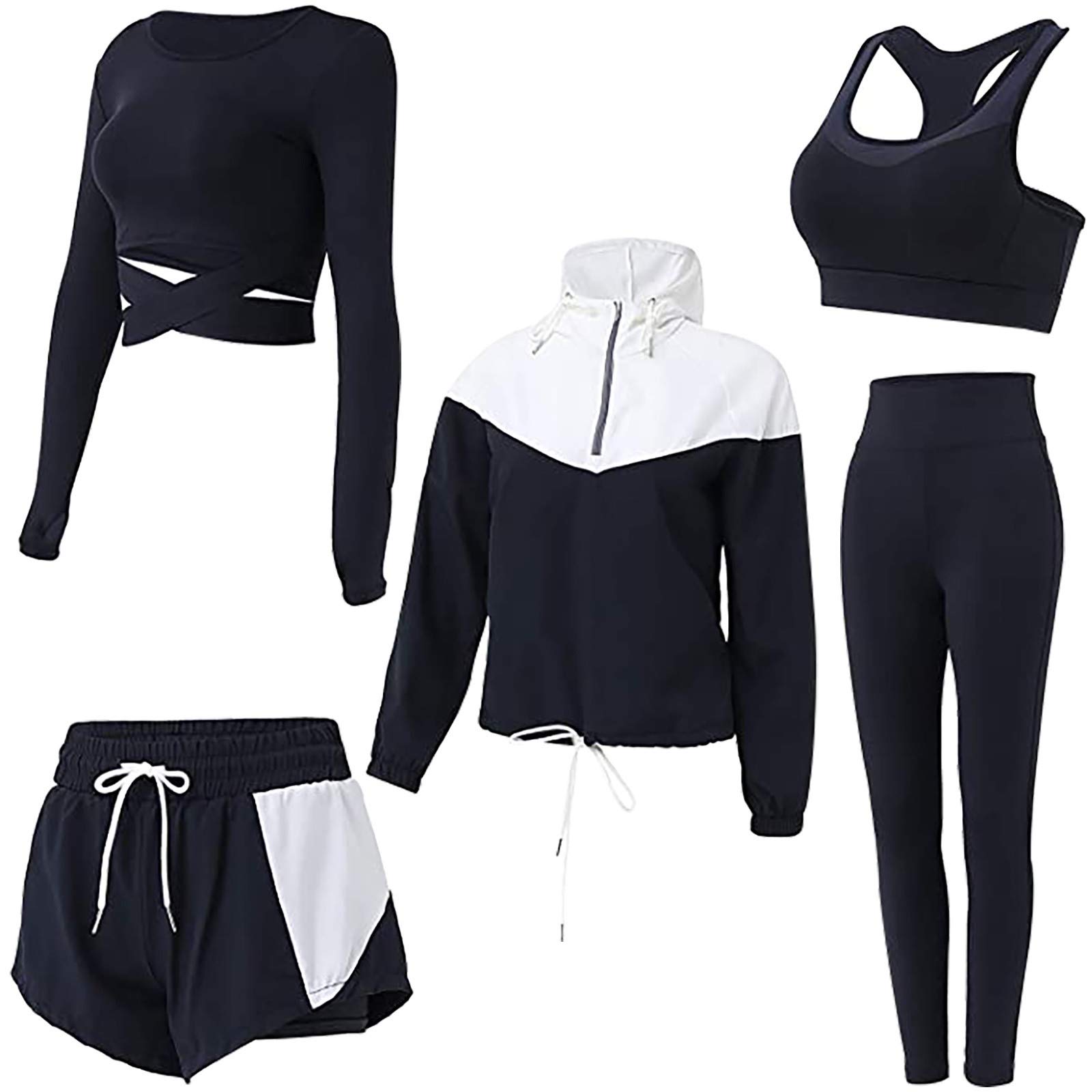 Tuta da jogging da donna, set da 5 pezzi, per allenamento, palestra, fitness, abbigliamento da corsa, abbigliamento sportivo, a maniche lunghe, da yoga, con cappuccio