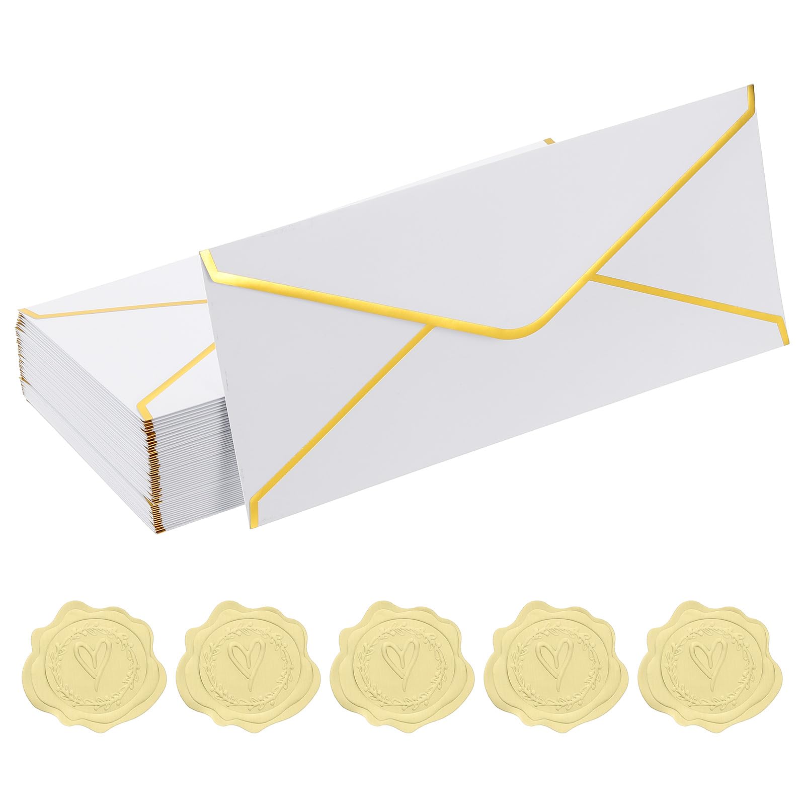 PATIKIL #10 150GSM Pretty Business Mailing Envelopes, 50Pcs 4.1 x 9.5 Self Seal Standard Letter Size Envelopes with Gold Border and Stickers for Christmas Wedding Cards, White