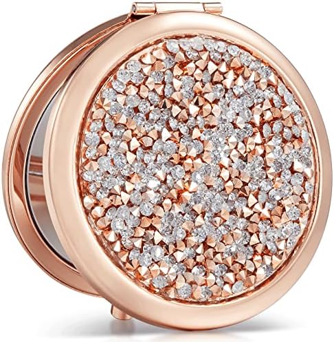 OMIRO 1X/10X Magnifying Compact Mirror, Mini Mix Diamond Metal Pocket Makeup Mirror (Rose Gold)