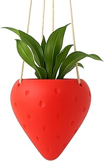 Strawberry Hanging Planter in Red with Jute Rope – Cute 8.7 Inch Fruit-S...