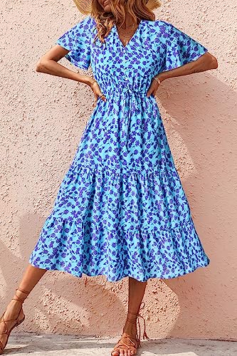 PRETTYGARDEN Summer Floral Dress for Women 2025 Casual Boho Short Sleeve Maxi Dresses V Neck Tiered Flowy Beach Sundress