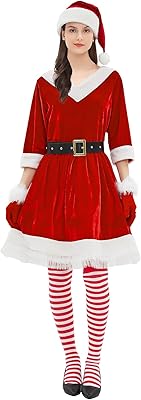 Mrs Claus Costume for Women 5PCS Adult Miss Clause Santa Dress Plus Size Christmas Outfit Hat Gloves Belt Stockings