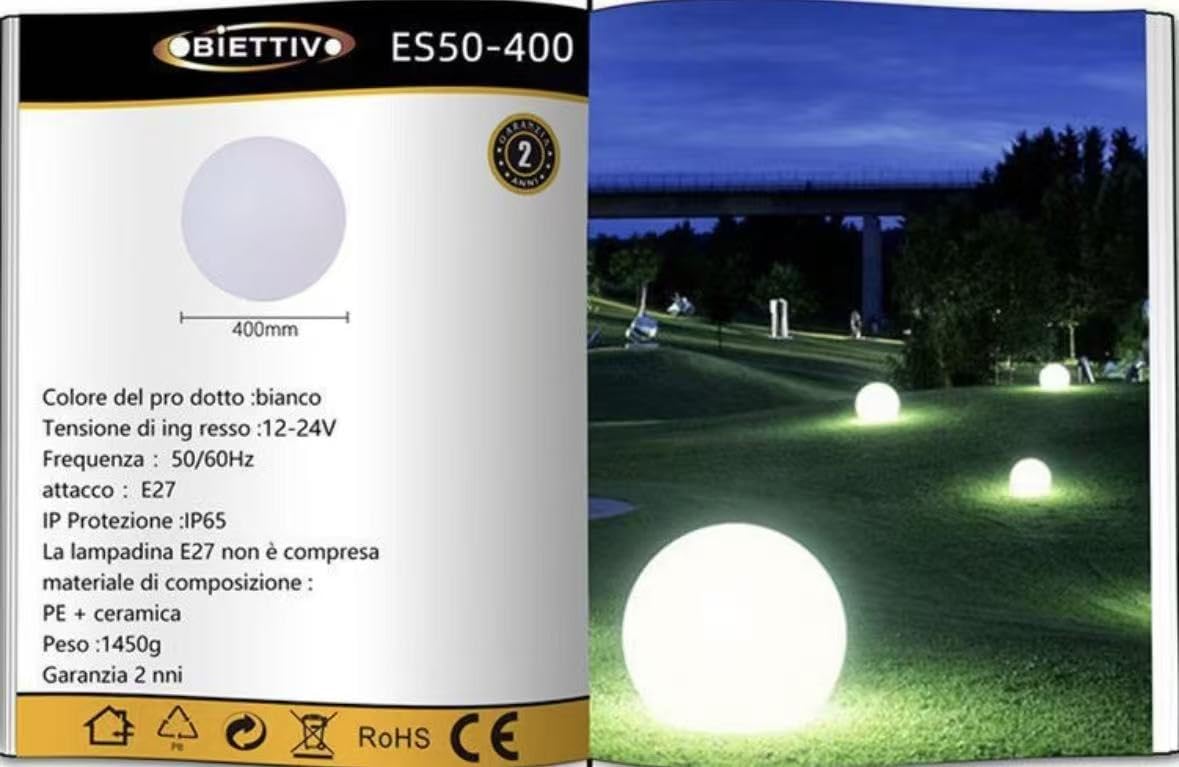 Lampada da Giardino a Sfera IP65 per Esterni, Attacco E27, 12–24V, Luce Decorativa per Giardino, Terrazza e Vialetti – Serie ES50 (L 40CM)