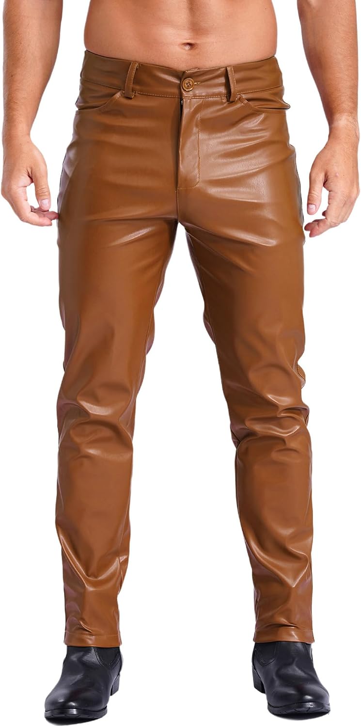 YiZYiF Men's Faux Leather Skinny Leggings Shiny Slim Fit Tights Trousers Motorcycle Biker Pants