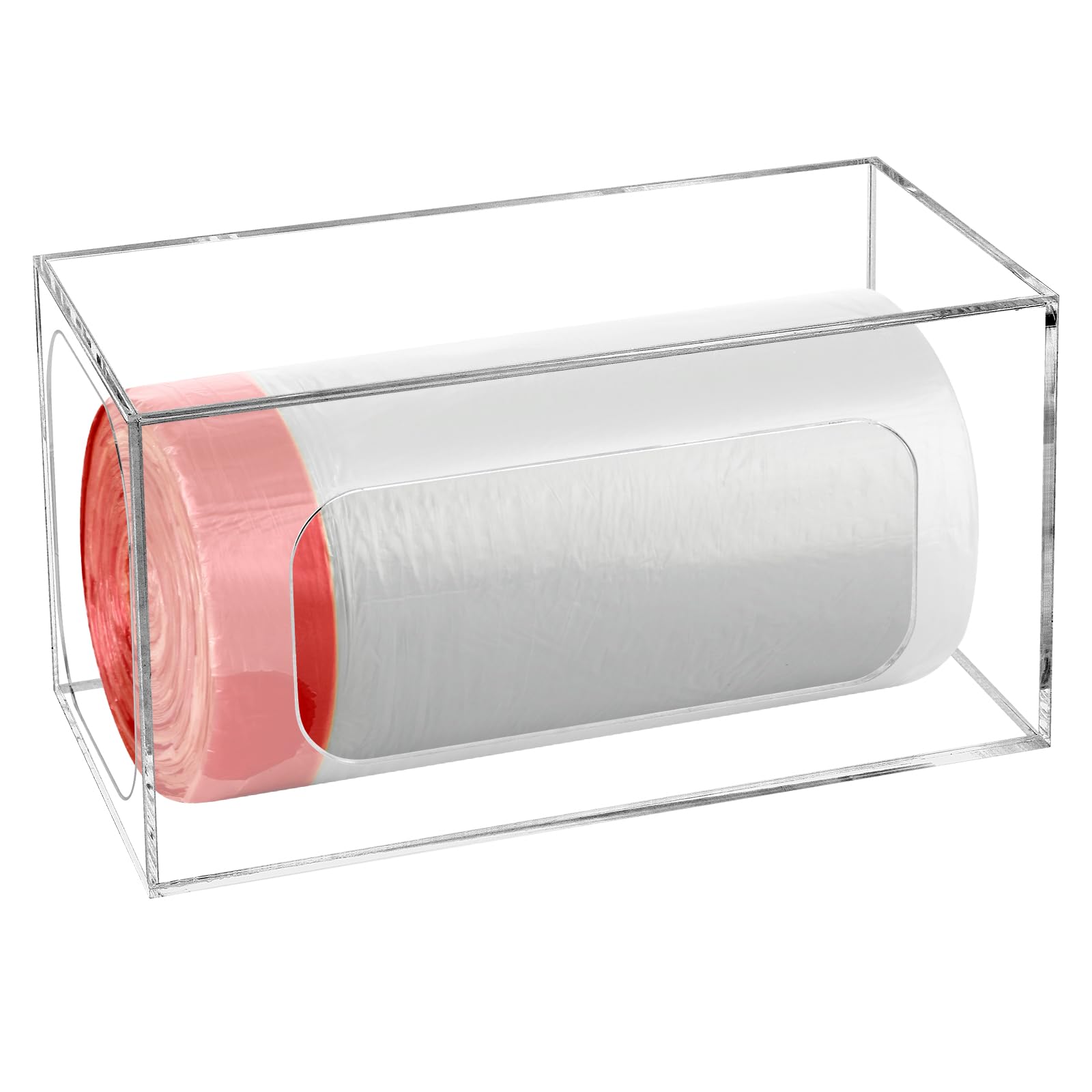 Dispensador de bolsas de basura, soporte acrílico para bolsas de basura, organizador de bolsas de plástico adhesivo montado en la pared, soporte de rollo de bolsas de basura para cocina