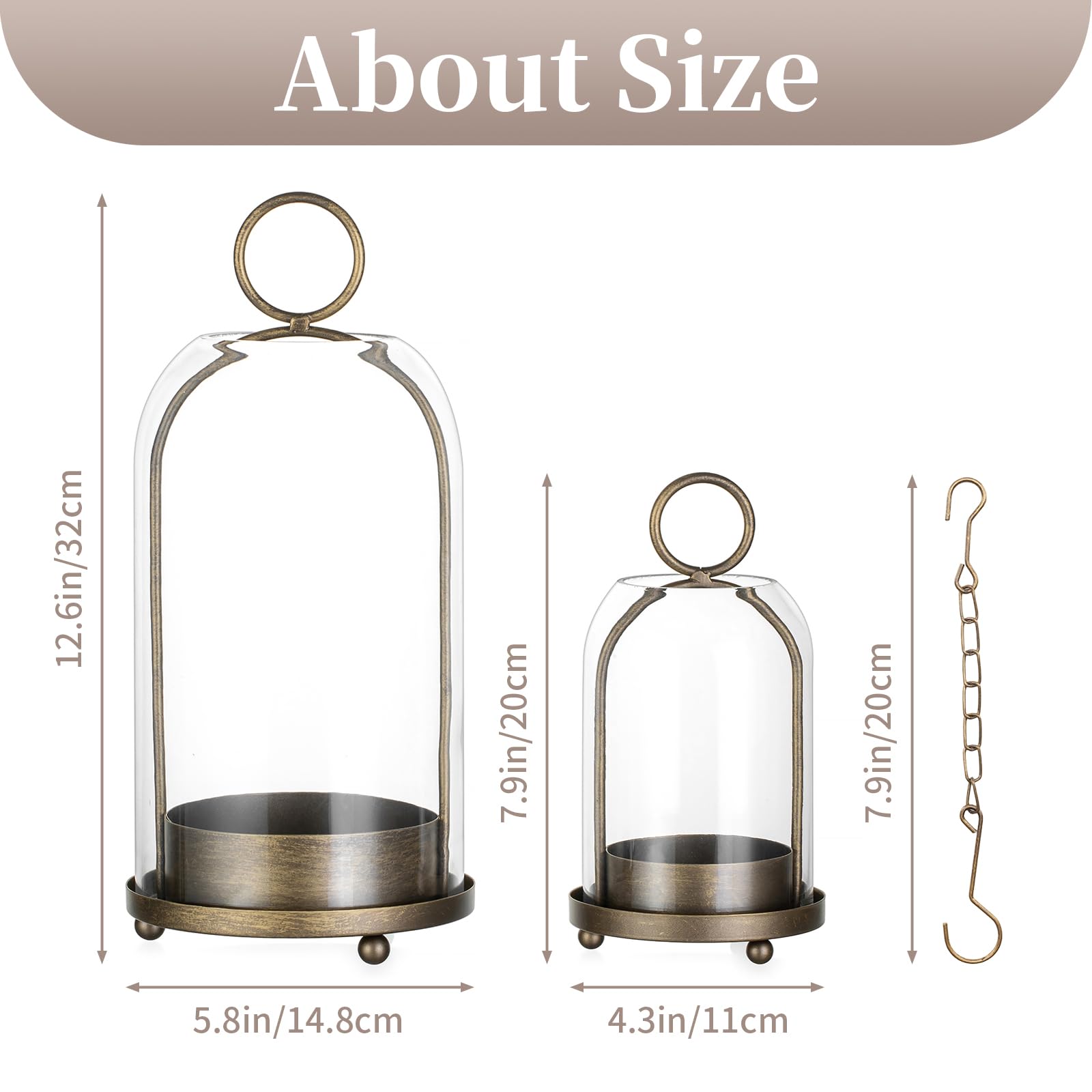 Sziqiqi Portavelas de Huracán para Velas de Pilar: Farol Vintage de Latón con Cúpula de Cristal para Salón - Juego de 2 Grandes Faroles Metálicos con Cadena para Centro de Mesa Chimenea Exterior