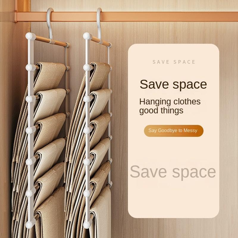 Image of Xmart India 5 Layer Folding Pants Hangers - Stainless Steel Multi-Tier Closet Organizer Space-Saving Hanger for Jeans, Trousers, Leggings Multi-Layer Pant Organizer for Wardrobe, Clothes (2 Pcs)