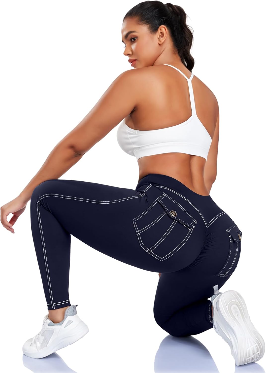 SEASUM Cargo Workout Leggings with Pockets for Women Scrunch Butt Lifting Gym Denim-Look Yoga Pants - Image 5