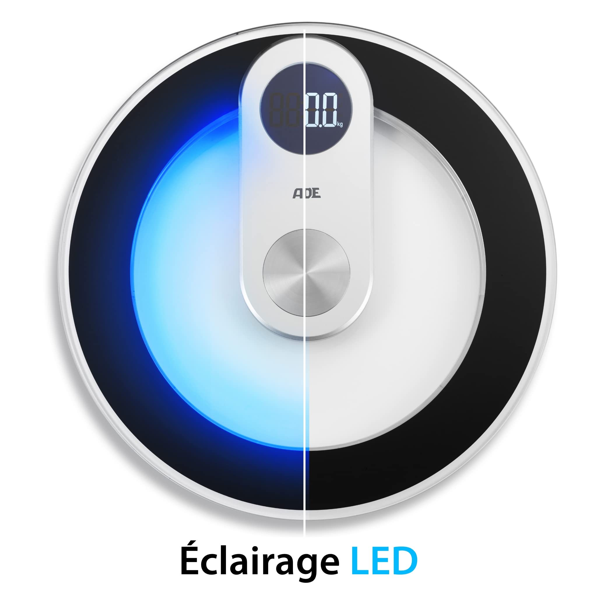 ADE Pèse-personne numérique en verre | résultats très précis | éclairage LED bleu stylé | écran LED | corps rond sans coins ni bords | jusqu'à 180 kg