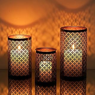 Romadedi Candle Holder Set of 3 Metal for Pillar Candle Hurricane Bronze Candlestick Holder Retro, Wedding Party Home Mantel Dining Table Centerpiece Decoration Indoor Outdoor, Black & Gold