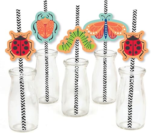 Big Dot of Happiness Buggin' Out - Pajitas decorativas de papel a rayas para fiesta de cumpleaños de insectos, juego de 24