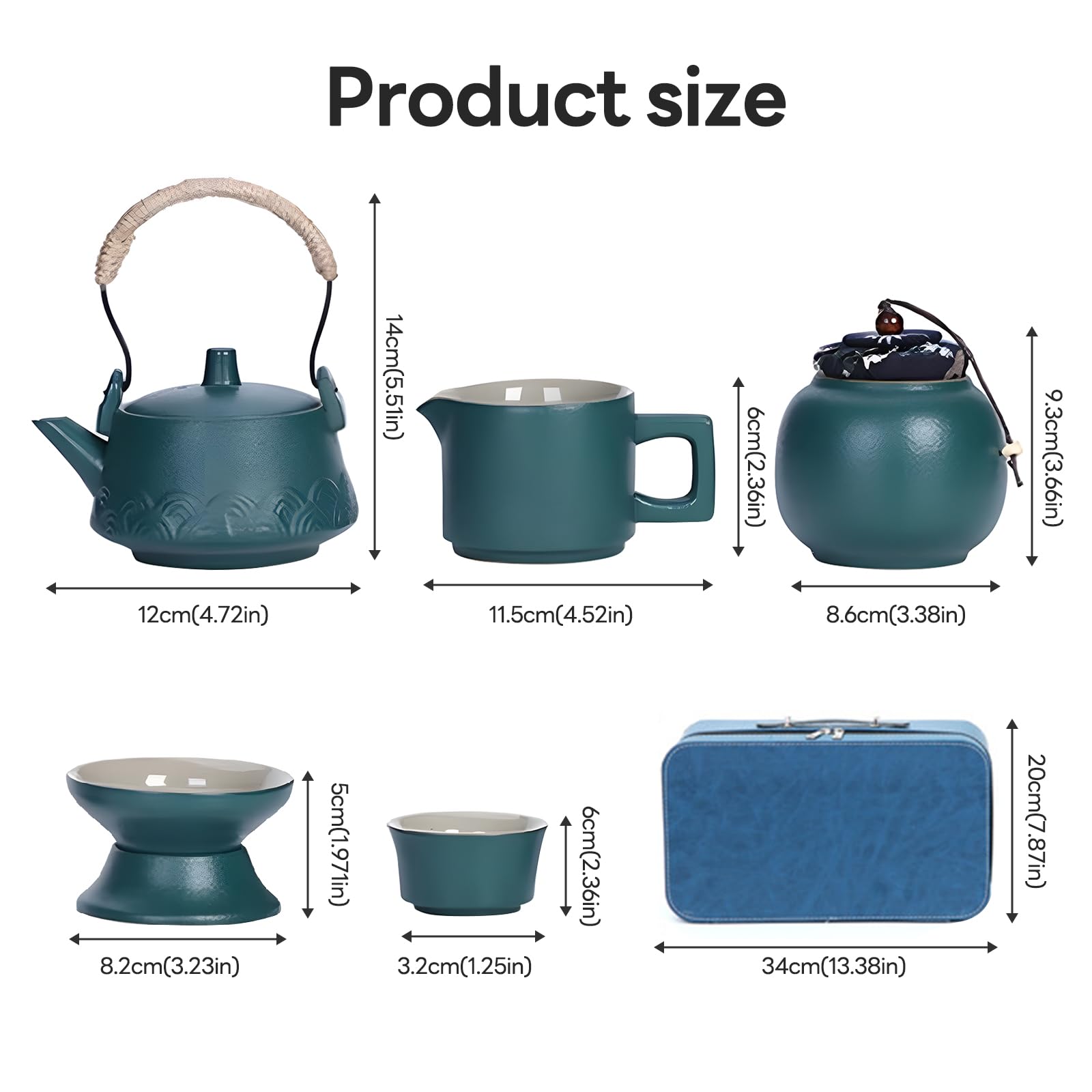 Japanisches Teeset 12-tlg. – Kung-Fu Teeservice aus Keramik mit Reisetasche, inkl. 1 Teekanne, 6 Teetassen & Bambus-Tablett – Tragbares Chinesisches Porzellan-Set für Geschenk, Büro, Camping & Zuhause
