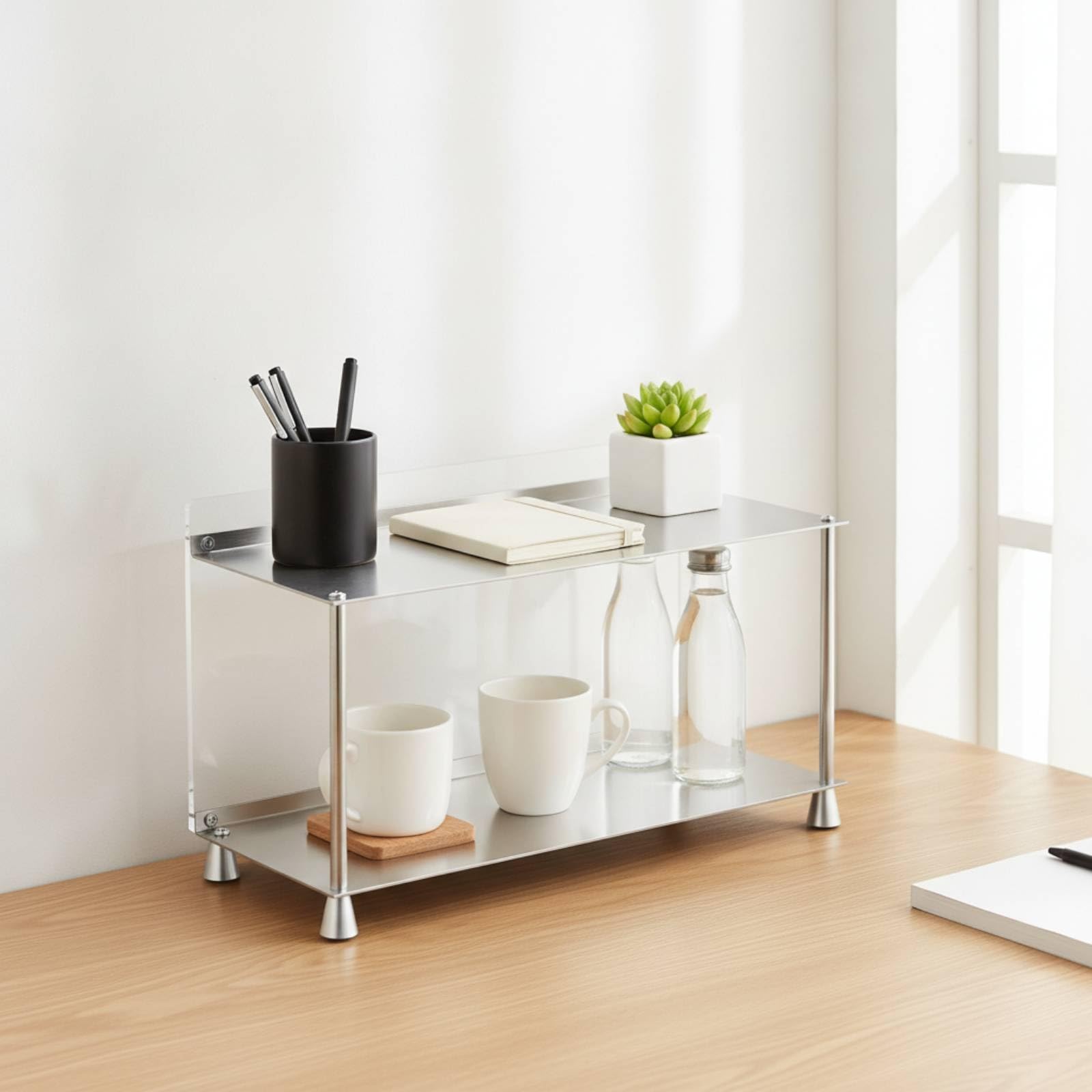 Doppelter Ablage Organizer Regal Stand Schrank Einsatz Aufbewahrung mit Edelstahl Und Acryl Zweistufig Platzsparend Und, Transparent, Modern, Minimalistisch, Zweistöckiges Regal