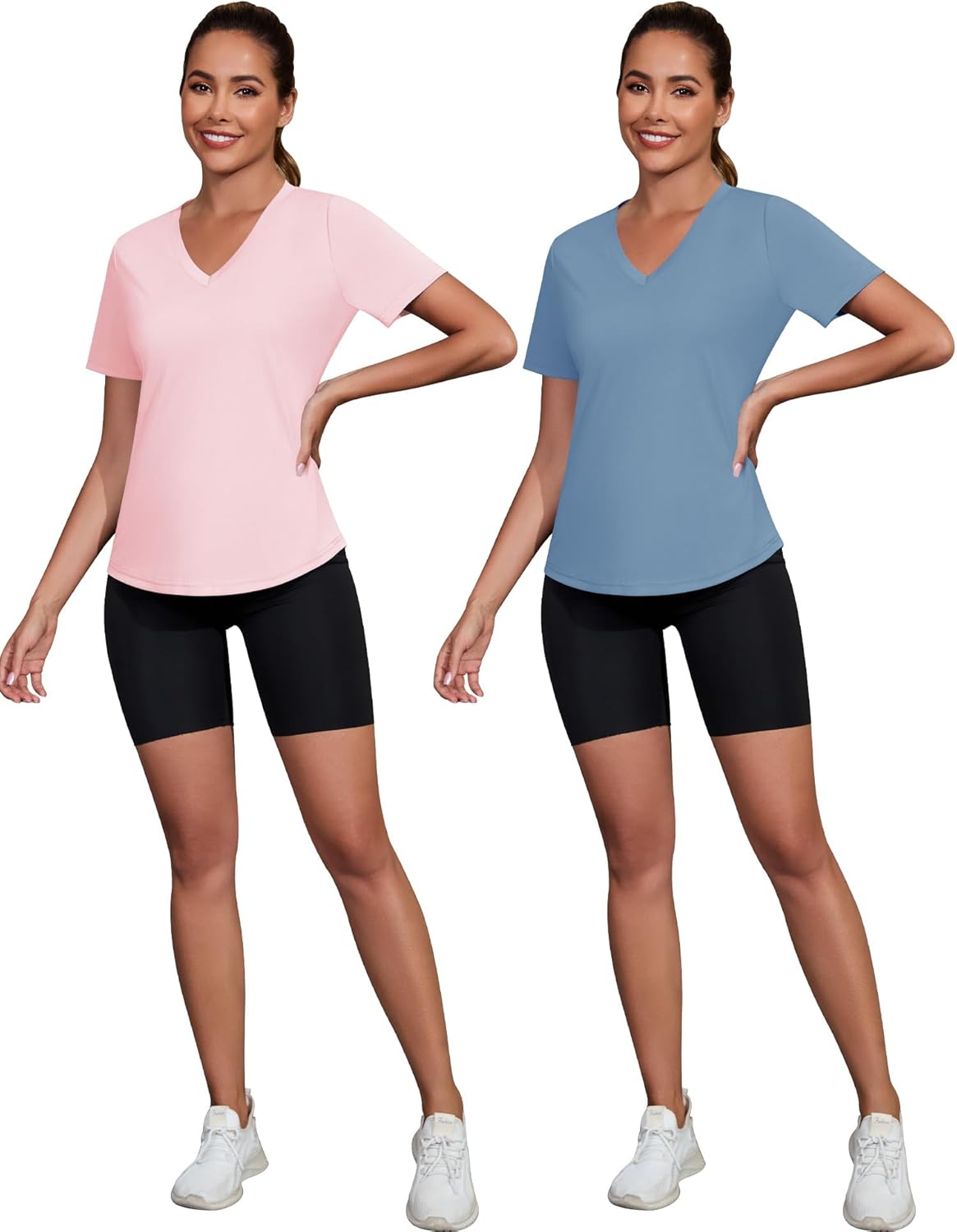 Kistore Womens T Shirts 2 Pack Fitted Workout Tops Summer V Neck Fitness Top Moisture Wicking Tennis Blue Grey XL - Image 6