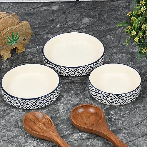 Image of QIMACPLUS Ceramic Salad Tray Bowl Deep Dish Bowl Salad Plate Serving Snacks Tray Set of 3 Snacks Salad Bowls (Dark Blue Colour Print)