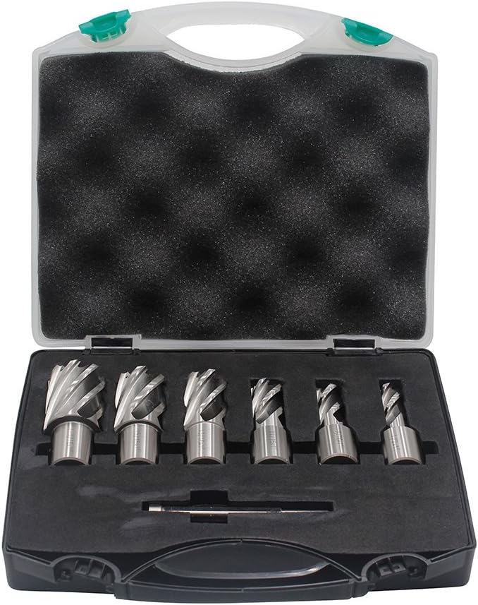 Annular Cutter Set 6pcs 3/4 Inch Weldon Shank 1-1/4 Cutting Depth 1/2-1-1/16 Cutting Diameter Two-Flat HSS Kit for Magnetic Drill Press with Pilot Pin