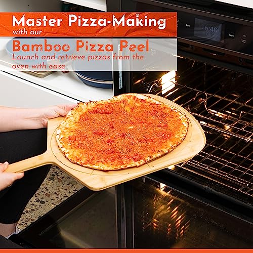 Image of Wooden Pizza Peel 14 Inch Board with Engraved Sizes - Multi-Purpose Bamboo Pizza Cutting Board, Wood Pizza Peel, Pizza Spatula Paddle, and Serving Board with Size and Cutting Guide