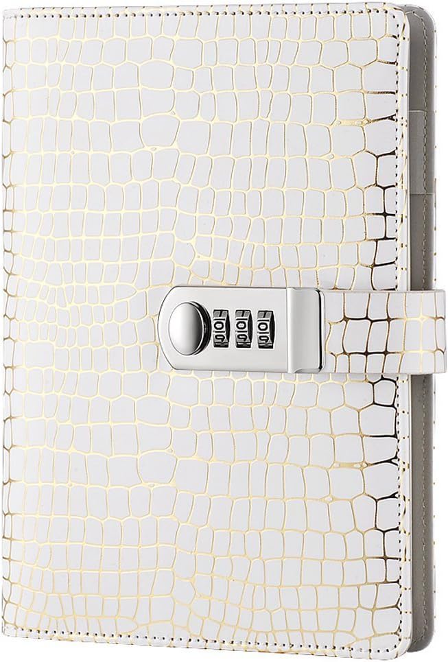 ARRLSDB Password Diary for Adults, A5 Size PU Leather Combination Lock Diary Password Journal Locking Student Handbook Notepad and Journal Diary (White)