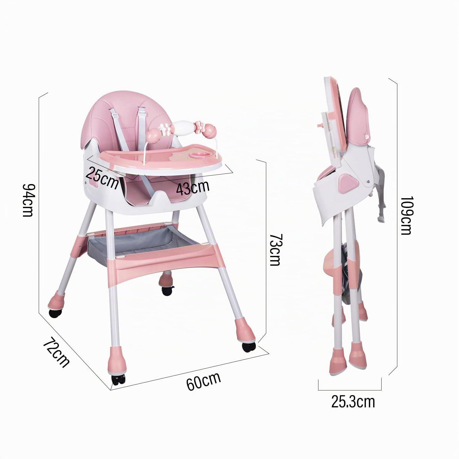 Chaise haute bébé pliable, Chaise évolutive et chaise bébé pour nouveau-nés - Convient de 6 mois à 4-5 ans (Rose)