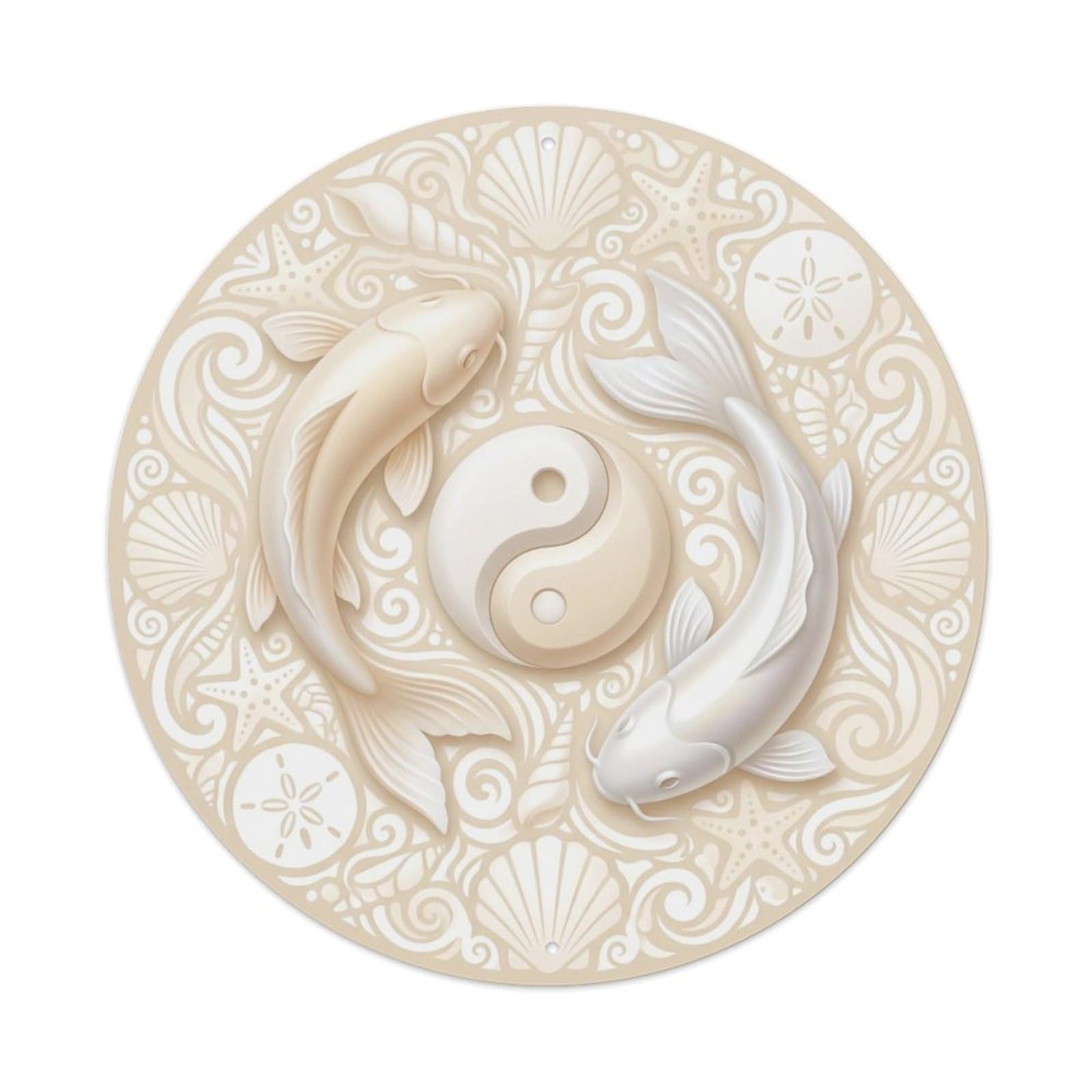 Tai Chi Koi Fish Seashell Cream White Ocean Metal Tin Sign