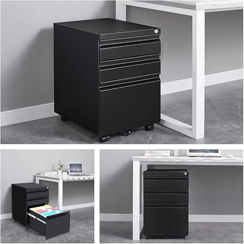 Miniatura 7 de Archivador de metal con 3 cajones de acero móvil con cerradura ruedas antiinclinación armarios de oficina con bloqueo giratorio para carpetas de