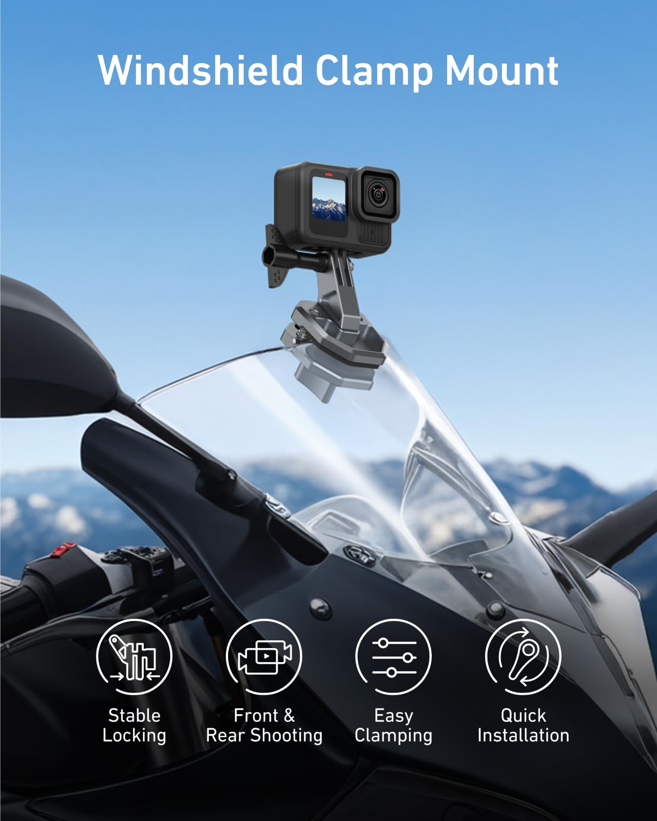 Supporto a clip per parabrezza moto, morsetto per parabrezza per DJI Osmo Action 6/Osmo Nano/Osmo 360/Action 5 4, Hero 13 12 11 10 9 8, compatibile con Insta 360 X5 X4 Action Cam