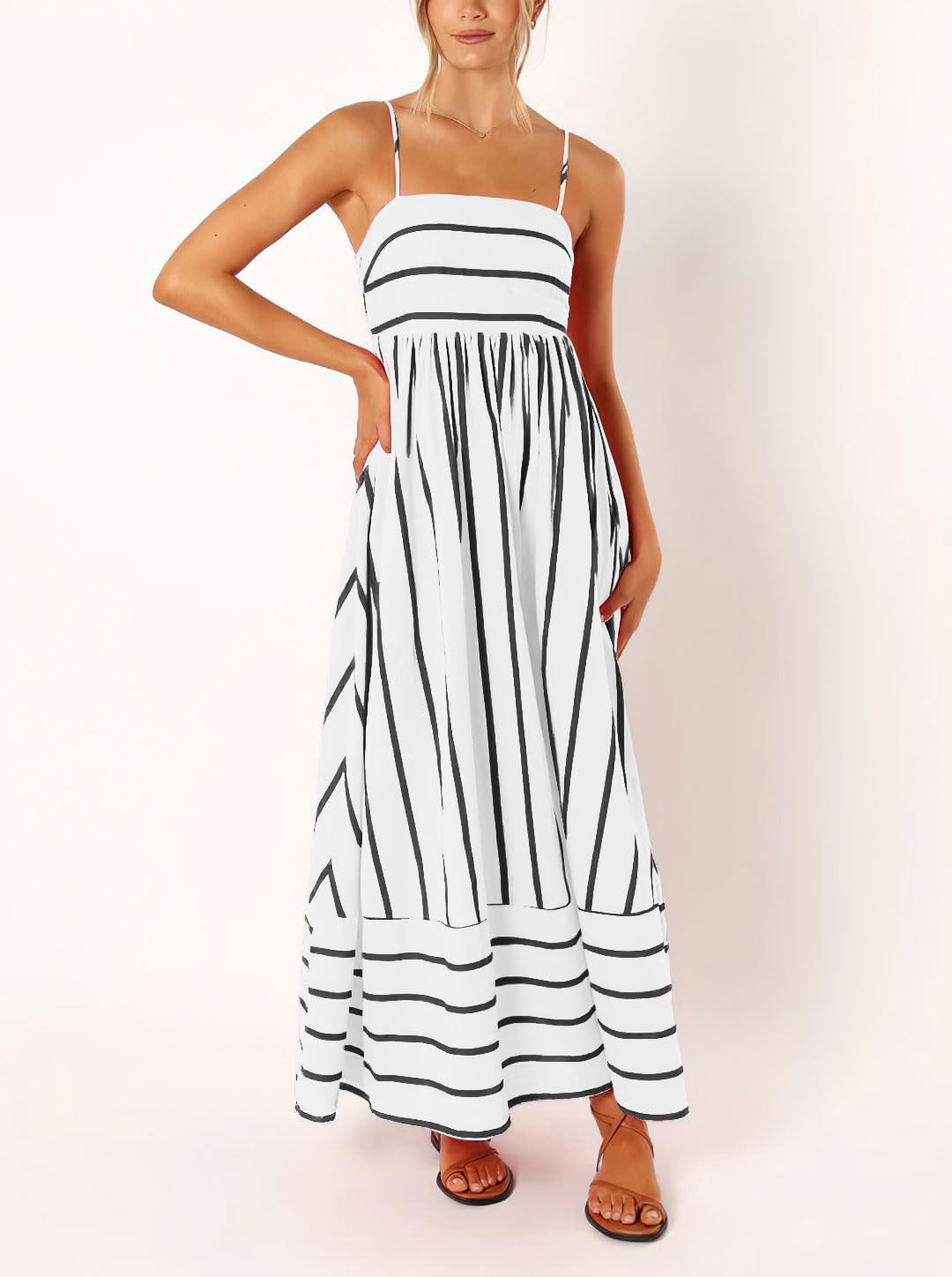 chouyatou Women's Striped Back Smocked Maxi Dress Sexy Spaghetti Strap Cut Out Flowy Swing Long Dress - Image 3