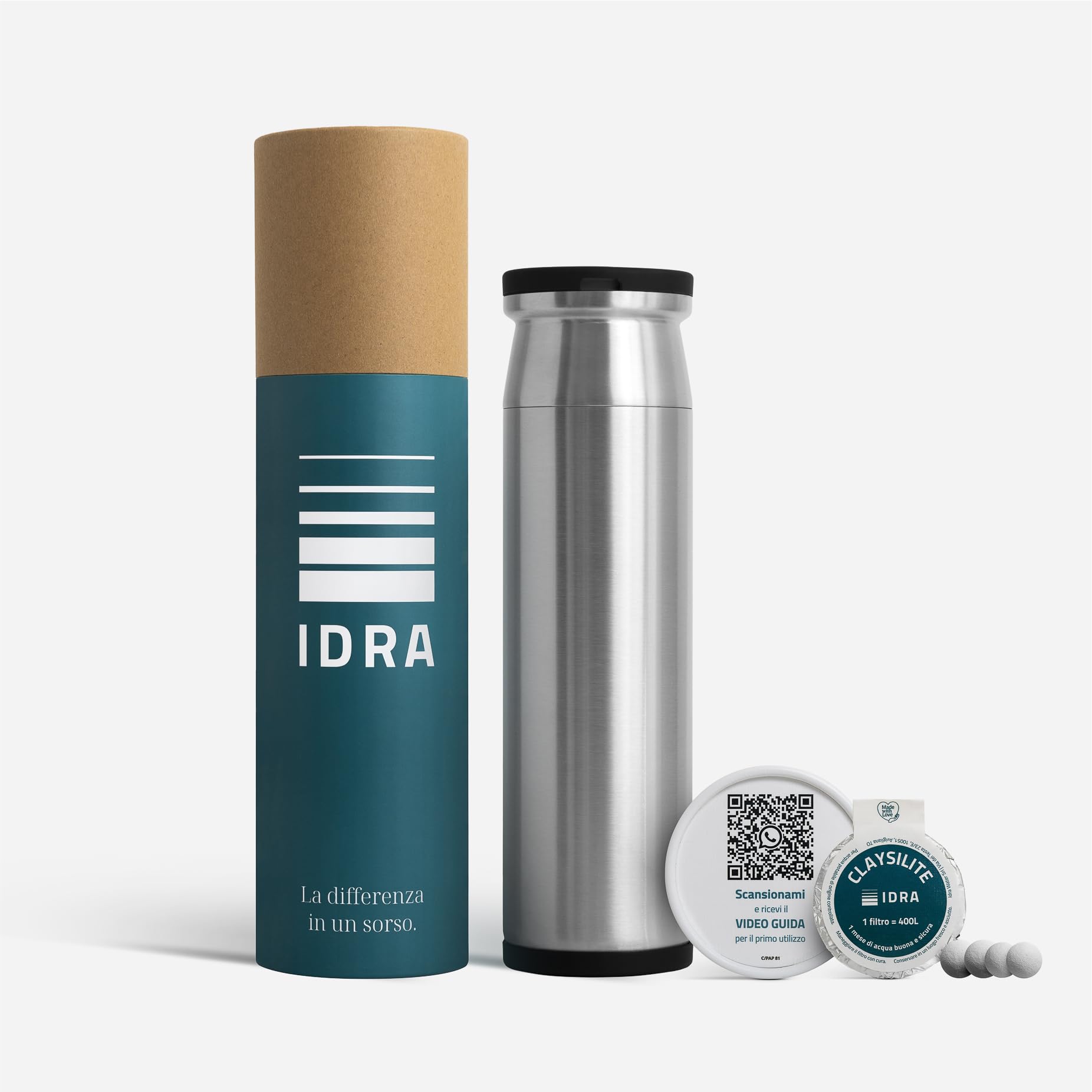 IDRA Living Wasserfilter aus Edelstahl (1,2 l), inklusive 1 Claysilite-Filter, reduziert Chlor, Kalk, PFOS und Metalle (> 0,2 µm), Druckfilterung, Made in Italy